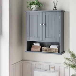 STILVORA Badezimmerschrank mit Wandmontage und 2 Türen mit offenen Regalen, Wandregal für Badezimmer mit Stauraum, Medikamentschrank für Toilette Bad - Hellgrau