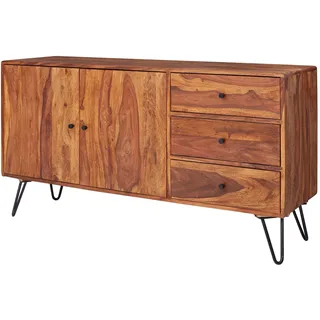 FineBuy Massivholz Sideboard 145cm Sheesham Natur Kommode mit 2 Türen & 3 Schubladen modernes Design