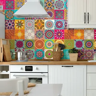 Ambiance Sticker Selbstklebende Wandtattoo Aufkleber, Wanddekoration, Fliesenaufkleber für Badezimmer und Küche Roses Multicolore - 60 Stück Aufkleber 20 x 20 cm