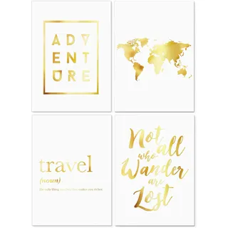 Homelov Premium Poster Set | 4 x DIN A4 – 21x30 cm | 100% Holzfreies Papier & Hochwertiger Kunstdruck | Kostenlose Wallpaper & Aufkleber | » Travel Real Gold Set «