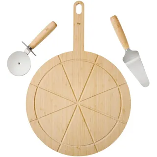 Homeware Profession. Pizzaset , Naturfarben, Edelstahlfarben , Holz, Metall , 3-teilig , Bambus, Kautschukholz , vollmassiv , Lfgb , Geschirr, Teller, Pizzateller