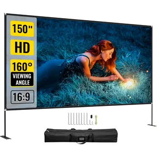 Vevor Projektion Leinwand mit Stand 381 cm(150") Tragbare Filmleinwand 16:9 Projector Screen 347x201,9cm Mobile Beamer Leinwand 160° Betrachtungswinkel Geeignet für Heimkino Camping, Schwarz