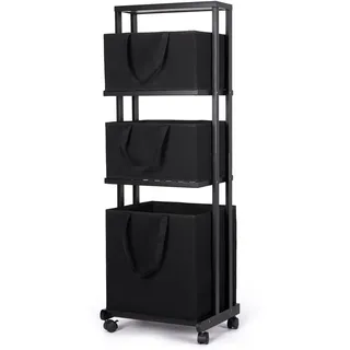 Yorbay Wäschekorb aus Bambus mit Rollen,Wäschesortierer mit 4 Stockwerke,Badregal mit 3 Aufbewahrungskörbe,Wäschesammler, Wäschewagen,Wäschebehälter für Badezimmer,121x34x42cm (Schwarz)