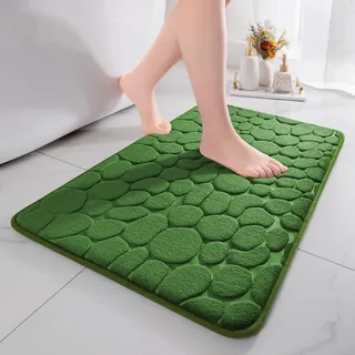 chakme Badematte rutschfest, 60x90 cm Grün Badezimmerteppich | Memoryschaum Badteppich, Waschbar Badvorleger, Wasserabsorbierend Kieselsteine Duschvorleger