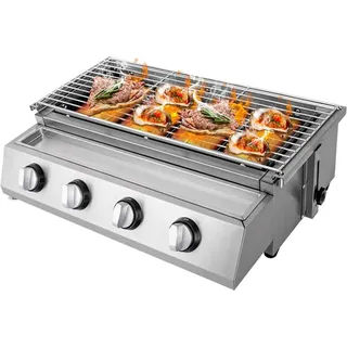 Rauchfreier Gasgrill, Tischgrill mit 4 Brennern aus Edelstahl, LPG/Propan, tragbar für Outdoor/Camping, Hellsilber