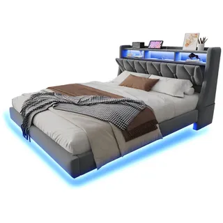 Stilvora Polsterbett 180/200 cm in Grau Samt mit Led, Usb, Type-C und Ablagen im Schwebelook , Textil , 4 Fächer , 180x200 cm , Schlafzimmer, Betten, Polsterbetten