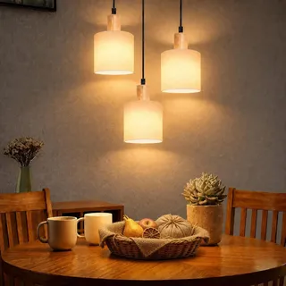ZMH Pendelleuchte Holz Weiß Esstischlampe Vintage Hängeleuchte E14 3 Flammig Hängelampe Rustikal Küche Stoff für Wohnzimmer Restaurant Schlafzimmer - Weiß