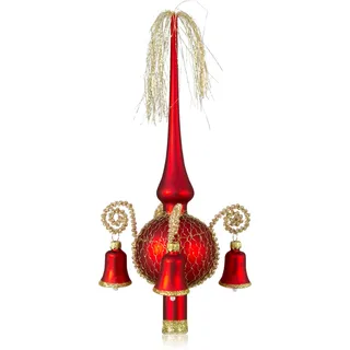 Lauschaer Glas Weihnachtsbaumspitze mit dekorierten Glöckchen rot matt, umsponnen L ca. 28cm d(Kugel) 7cm Christbaumschmuckspitze mundgeblasen,handdekoriert,Leonischer Draht