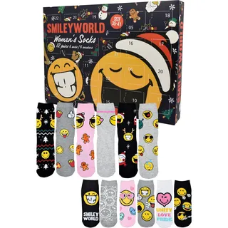 Smileyworld Adventskalender mit 12 Paar Socken Größe 35-41 für Damen Weihnachtskalender mit Sneakers und langen Socken