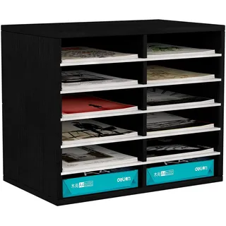 EasyPAG 12 Fächer Holz A4 Büro Schreibtisch Organizer Dokumentenhalter Aktenablage Zeitschriftenhalter Briefablage Papier Magazin Organisator,Schwarz