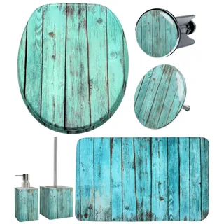 Badaccessoire-Set SANILO "Lumber", blau, türkis, Massivholz, Polyester, Polyresin (Kunststein), Badaccessoires-Sets, Badaccessoire-Set, bestehend aus WC-Sitz, Badteppich, Stöpsel, Seifenspender, WC-Bürste