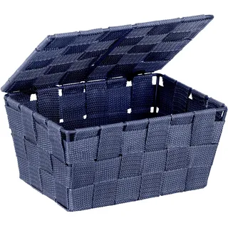 WENKO Aufbewahrungskorb mit Deckel Adria Dunkelblau - Badkorb, Polypropylen, 19 x 10 x 14 cm, Dunkelblau