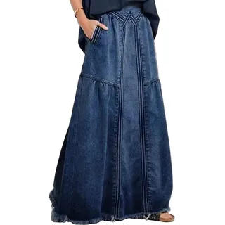 ebossy Damen Casual Elastische Taille Fransen Saum A-Linie Distressed Hippie Lang Maxi Denim Rock - Blau - X-Groß
