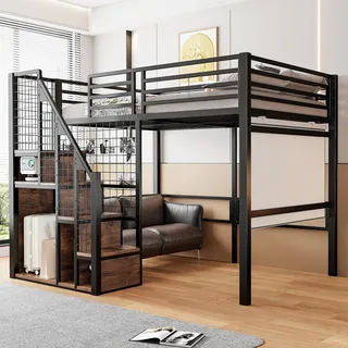 Flieks Etagenbett 140x200cm mit Treppe, Hochbett Kinderbett mit Staufach und Kleiderstange, Metallbett Doppelbett Jugendbett mit Lattenrost, Schwarz - Schwarz
