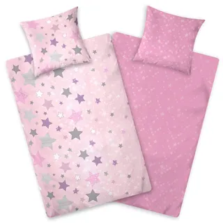 Aminata kids Bettwäsche 135x200 Sterne Mädchen rosa 100% Baumwolle Stern-Motiv, Reißverschluss weich & atmungsaktiv, Sommer-Wende-Bettwäsche-Set Damen