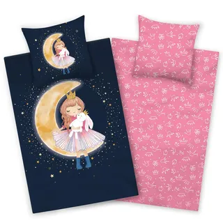 Aminata kids Bettwäsche 135x200 Kinder Mädchen Baumwolle Prinzessin Fee Wende-Kinder-Bettwäsche-Set mit YKK Reißverschluss blau rosa - Mond Krone Elfe Fairy