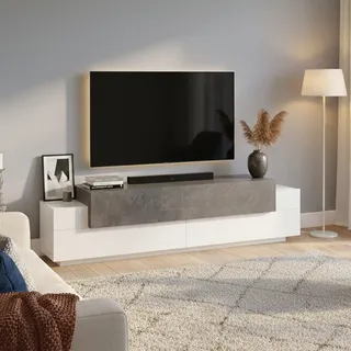 Dmora - TV-Schrank Teo, niedriges Wohnzimmer-Sideboard, Fernsehständer-Basis, 100 % Made in Italy, 200 x 45 x 52 cm, glänzendes Weiß und Schiefer,