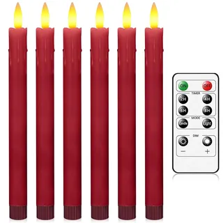 AiiBowy Led Kerzen mit Frnbedienung [6er Set ] Flammenlose Kerze, LED Echtwachskerzen, LED stabkerzen, Batteriebetriebene mit 3D Flamme, Led Fensterkerzen, Home Deko Weihnachten Party, Rot