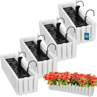 KOTARBAU® Blumenkasten Balkon 58x18x16cm, Balkonkasten mit Wasserspeicher | Blumenkasten für Balkongeländer, Balkonkasten mit Halterung, Pflanzkübel rechteckig, Selbstbewässernd, PVC, Weiß, 4er Set
