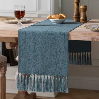 ZeeMart Blaue Tischläufer, 121 cm lang, Jute-Leinen-Stil, rustikaler Bauernhaus-Tischläufer, Kleiner kurzer Boho-Couchtischläufer, 33 x 122 cm, Blau