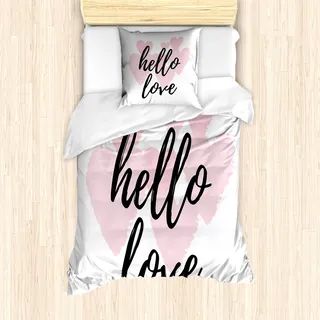 ABAKUHAUS Hallo Mantele, Romantische Phrase Herzen, Milbensicher Allergiker geeignet mit Kissenbezügen, 135 cm x 200 cm - 80 x 80 cm, Schwarz und Rose - Schwarz