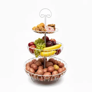 Relaxdays Obst Etagere, 3-stöckig, Metall, HxD: 47 x 30 cm, Obst & Gemüse, mit Griff, runde Obstschale, Obstkorb, weiß