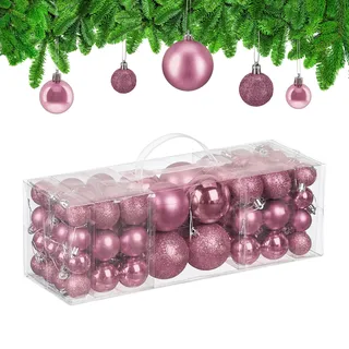 Relaxdays Weihnachtskugeln im 76er Set, Kunststoff, glitzernde, Matte, glänzende Baumkugeln, Christbaumschmuck, rosa