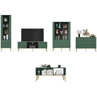 Feldmann-Wohnen Wohnzimmer-Set Forest 5-teilig dunkelgrün / gold , Metall , 8 Fächer , Rechteckig,Rechteckig , 427x190x40 cm , Wohnzimmer, TV Möbel, Lowboards, Lowboards stehend