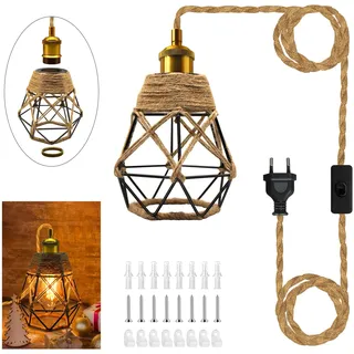E27 Retro Lampenfassung mit Kabel 510cm,Vintage Hängelampe mit Stecker, Industrielle Hanfseil Pendelleuchte Kit,Messing Metall Hängeleuchte,Vintage Lampenkabel,Für Restaurant Gang Ohne GlüHbirne