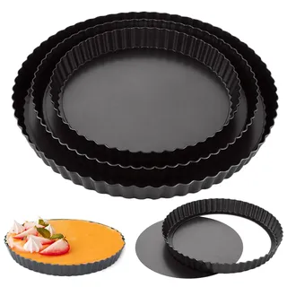 VIDETOL 3 Stück Tarteform mit Hebeboden, 3 Größen (22cm/26cm/30cm) Backform Rund, Antihaftbeschichtete Quicheform, Tortenboden Backform, Obstkuchenform Karbonstahl für Backen, Tarte, Quiche, Pie