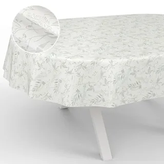 Wachstuch-Tischdecke Tischdecke abwaschbar Wachstuch Garten-Tischdecke Outdoor Indoor Oval 200x140cm Schnittkante Blätter Grau