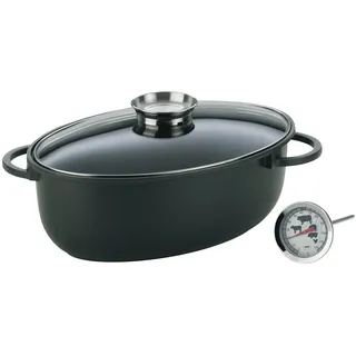 kela Bräter mit Deckel mit Aromaknopf 8 Liter KERROS mit Bratenthermometer, Induktion Bräter oval, Aluguss beschichtet, Schmortopf backofengeeignet