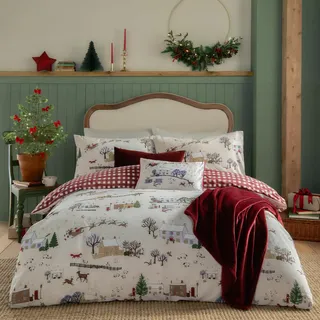 furn. Cotswolds Weihnachts-Bettbezug-Set Gingham Creme/Burgunderrot 140 x 200 cm + 70 x 90 cm