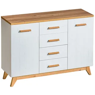 Furniture24 Kommode Sven Sv9 Schubladenschrank Wohnzimerschrank Sideboard mit 2 Türen und 4 Schubalden Skandinavisch Still Kiefer Weiß - Weiß