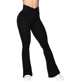 Sunzel Flare Leggings, Crossover Yoga Hose mit Bauchkontrolle, High Waist und Wide Leg, Schwarz, S