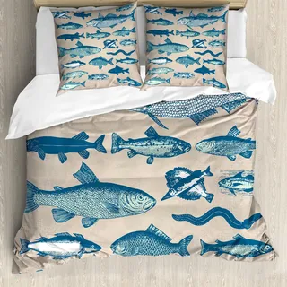 ABAKUHAUS Fisch Bettbezug Set, Grunge Stil Maritim Nautisch Meeresfrüchte Thema Effekt Illustration Muster, 155 x 220 cm + 80 x 80 cm, Beige Mehrfarbig - Beige
