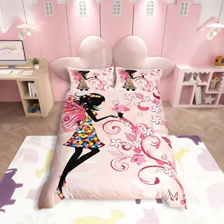 Mädchen Schmetterling Fee Bettwäsche, 140 x 200 cm, schick, niedlich, floral, luxuriös, dekorativ, luxuriös, Blumen, Rosen, Bettbezug, Botanisch, Zweige, 2-teilig