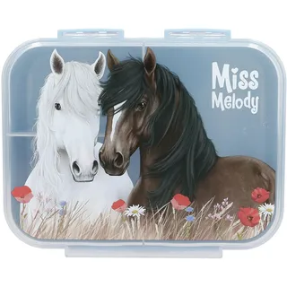 DEPESCHE 13398 Miss Melody Dusty Rose - Brotdose in Hellblau, mit Pferde Motiv und Mohnblumen, Lunchbox mit 3 Fächern und transparentem Deckel