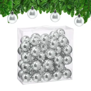 Relaxdays Weihnachtskugeln im 50er Set, Kunststoff, D: 6 cm, Festliche Weihnachtsbaumdeko, Baumschmuck glänzend, Silber