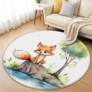 AevuCub Fuchs Teppich Rund 150cm Kinderzimmer - Waschbare Teppiche Wohnzimmer Cartoon Waldtiere - Runder Teppich 150 Durchmesser - Bettvorleger Schlafzimmer rutschfest Weich