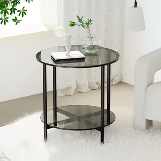 WISFOR Couchtisch Wohnzimmertisch Sofatisch mit Metallgestell, 2 Ablagen, aus robustes Hartglas, rund Glastisch Beistelltisch Ø50cm - Grau