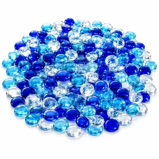 150 Stück Glassteine, Muggelsteine 12-14 mm in Blau Mix, Glasnuggets Deko für Vase, Tischdeko, Hochzeitsdeko, Aquarium Deko, Mosaik Basteln, Dekosteine Glas in Himmelblau Kobaltblau Transparent Weiß