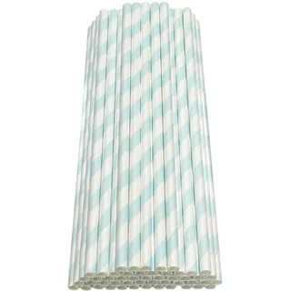 Haobase 50 Stück Papier Trinkhalme, biologisch abbaubare Papier Strohhalme zum Trinken Cocktail, Kaffee, kalte Getränke (Streifen-Muster) (White/Light Blue Stripes)