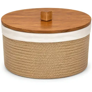 Brotkorb mit Deckel | groß | modern | geflochten | Holzdeckel | Ø 30 cm | Aus Hanfseil, Holz und Leinen - Stoff waschbar und herausnehmbar - mit massivem Holzdeckel und viel Platz für Backwaren