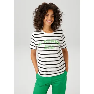 T-Shirt ANISTON CASUAL, Damen, Gr. 40, wollweiß, schwarz, apfelgrün, Single Jersey, Obermaterial: 100% Baumwolle, geringelt, gestreift, lässig geschnitten hüftlang, Rundhals, Shirts T-Shirt, im Streifen-Dessin mit Statement-Schriftzug, Topseller