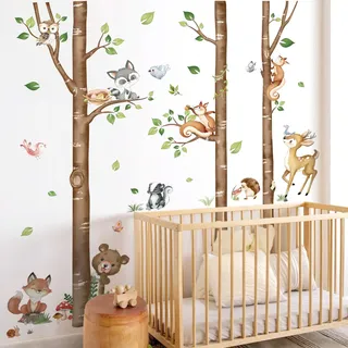 decalmile Wandtattoo Kinderzimmer Baum Birke Groß Wandaufkleber Waldtiere Bär Fuchs Wandsticker Kinderzimmer Schlafzimmer Babyzimmer Wanddeko(H: 63inches/ 160cm)