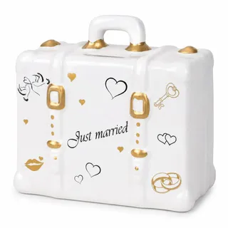 Spardose Hochzeitspaar im Cabrio - Just Married - Hochzeitsauto mit Brautpaar - Keramik Sparschwein Hochzeit (Koffer Weiß)