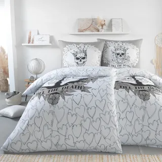 BaSaTex Microfaser Partner Bettwäsche mit Wendemotiv | 2X 135x200 Bettbezug + 2X 80x80 Kissenbezug | Mikrofaser Bettwäsche Set 4 teilig für Paare | Design: Till The Death Bright