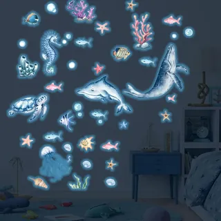 Meerestiere Wandtattoo Leuchtend Leuchtend Wandsticker Unterwasserwelt Meereswelt Leuchtaufkleber Fluoreszierend Wandaufkleber für Kinder Schlafzimmer Badezimmer Deko