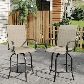 IDEALHOUSE 2er Set Outdoor-Barhocker (Barhöhe) mit 360° Drehfunktion – hohe Rückenlehne & Armlehnen – wetterfestes Textilene – für Terrasse, Balkon & Garten – Farbe: Grau